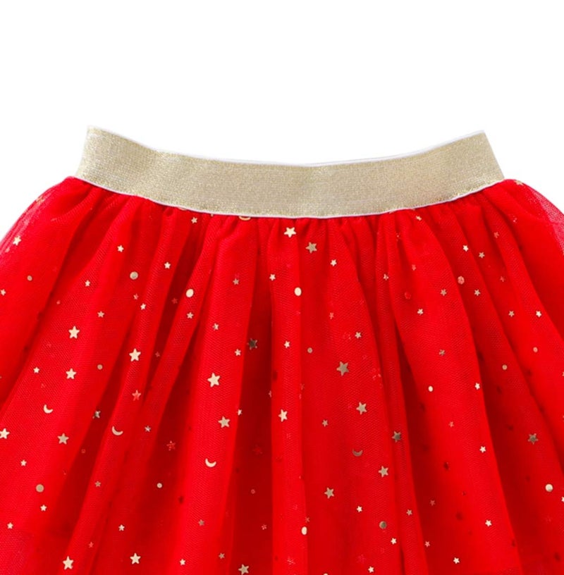 Tortoise & Rabbit Toddlers Girls Sparkle Tulle Tutu Skirt with Sequins Stars Moon Sun (Red, 1-2years) - Image 3